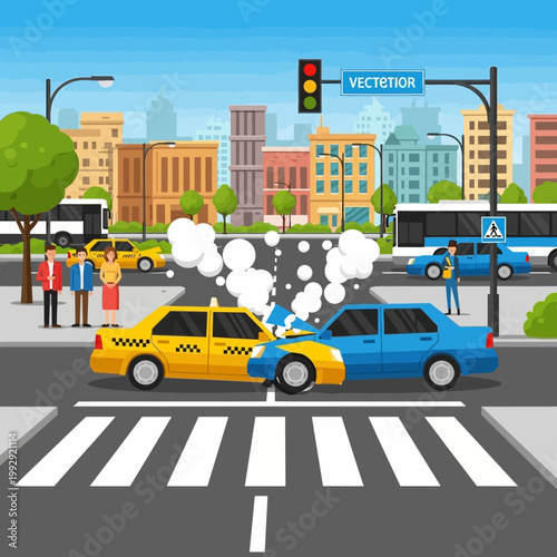 Car crash at intersection: taxi and sedan collide, causing smoke, traffic lights, city street.