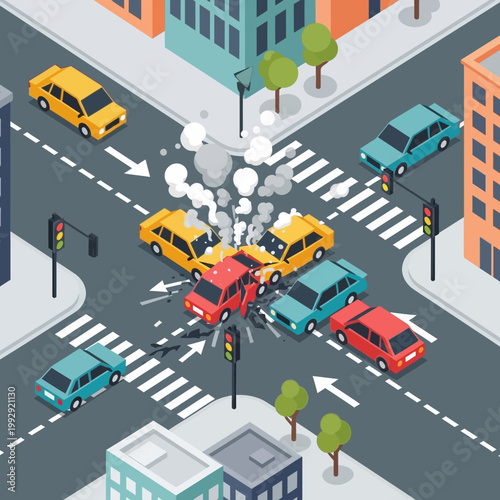 Car crash at intersection, traffic accident with multiple vehicles colliding