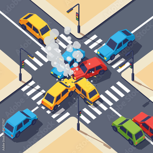 Car crash at intersection, traffic accident, multiple vehicles damaged, smoke, city street