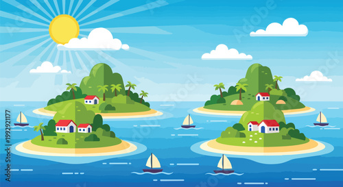 Tropical Archipelago Landscape with Sailboats and Summer Sun Vector Illustration