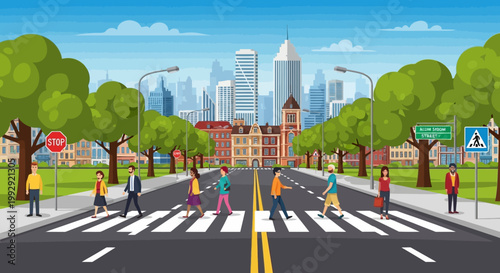 City crosswalk with pedestrians crossing, traffic, buildings, and trees