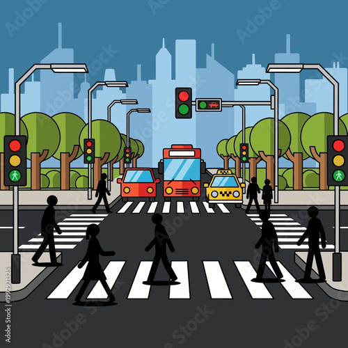 City crosswalk with pedestrians, cars, and traffic lights on a sunny day