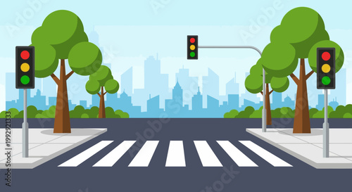City intersection with pedestrian crossing and traffic lights, urban cityscape background
