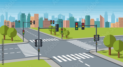 City intersection with traffic lights and crosswalks, urban landscape background