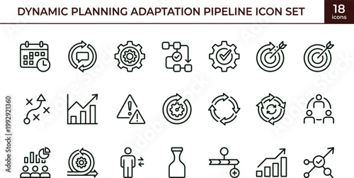 Dynamic planning adaptation pipeline outline icon set agile strategy monitoring optimization workflow analytics interface vector collection toolkit