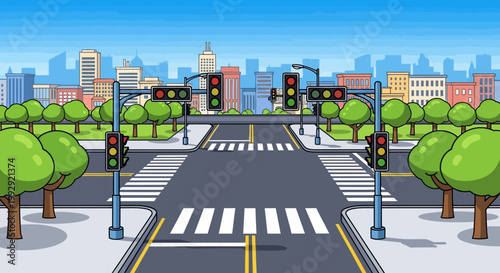 City Intersection with Traffic Lights and Crosswalks, Urban Street Scene