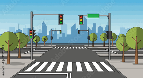 City Intersection with Traffic Lights and Crosswalks, Urban Street Scene