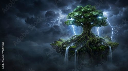 A giant green tree with thick roots grows on a floating island. Waterfalls cascade from mossy rocks as bright lightning strikes illuminate the dark, stormy night sky.