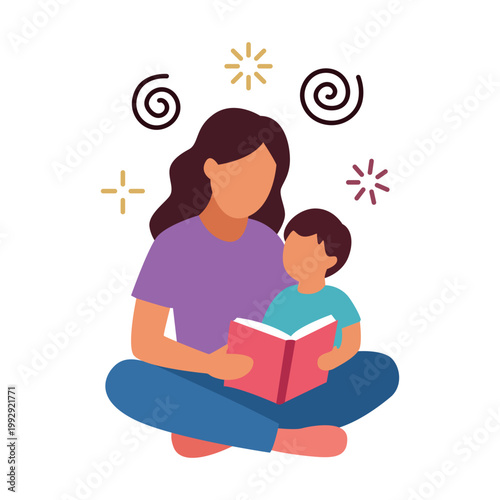 Mother and child reading a book together flat illustration