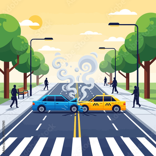 Car Accident: Blue Sedan and Yellow Taxi Collide on City Street, Smoke Rising