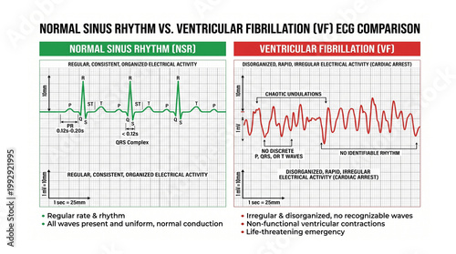 Schilderij op canvas Normal Sinus Rhythm vs Ventricular Fibrillation (VF) - ECG Comparison - Side-by-