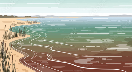 Minimalist Coastal Shoreline Illustration with Beach Reeds Calm Water and Scenic Horizon