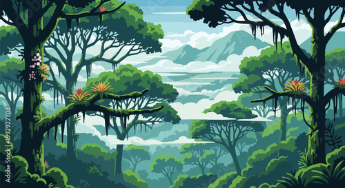 Tropical Rainforest Illustration with Lush Green Trees Misty Mountains and Exotic Flowers in a Vibrant Jungle Landscape