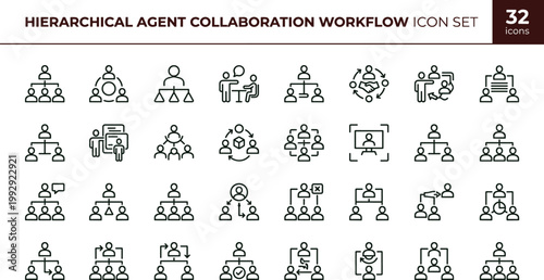Hierarchical agent collaboration workflow outline icon set teamwork coordination communication structure management interface vector collection toolkit