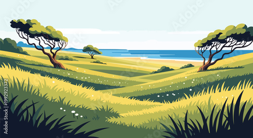 Peaceful Coastal Landscape Illustration with Rolling Green Hills Wind-Swept Trees and Blue Ocean Horizon Vector Art