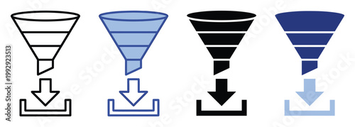 Modern data funnel icon set with download arrow representing information filtering processing and storage applications