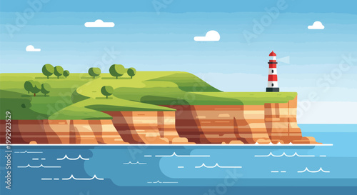 Lighthouse on Coastal Cliff Flat Vector Illustration, Scenic Ocean View with Green Hills and Red Beacon