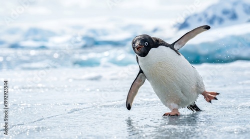 A Playful Penguin Waddles Across a Frozen Icy Landscape.