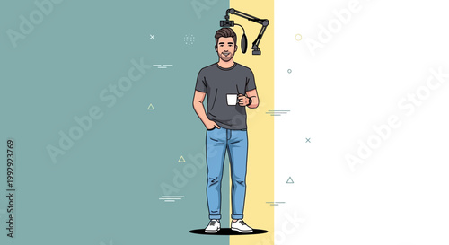 Man with Microphone and Coffee Cup, Podcasting Setup, Modern Lifestyle