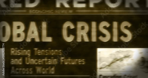 Global crisis breaking news on vintage microfilm reader. Energy and fossil fuel economy title headline newspaper on retro microfishe. Information media print looped animation. 