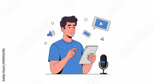 Man with tablet and microphone, creating digital content, video production, podcasting