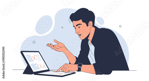 Man working on a tablet, pointing at screen, confused expression, modern flat design
