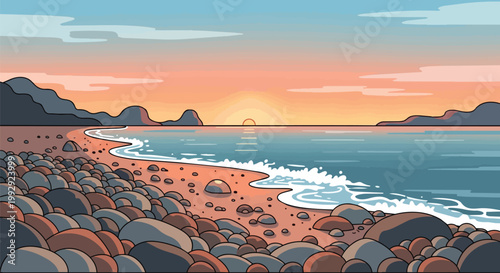 Serene Sunset Vector Illustration of a Rocky Beach with Calm Ocean Waves and Distant Mountains over the Horizon