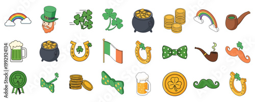 St. Patrick's Day Isometric Icons Set with Leprechaun and Shamrocks