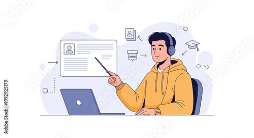 Online learning concept: student with headphones and laptop, pointing at screen with educational icons