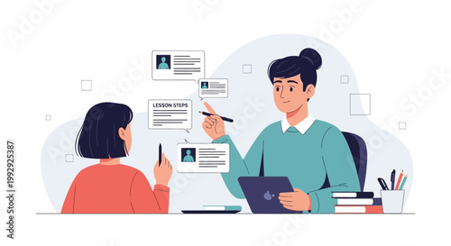 Online learning, tutoring, and education concept with teacher and student discussing lesson steps