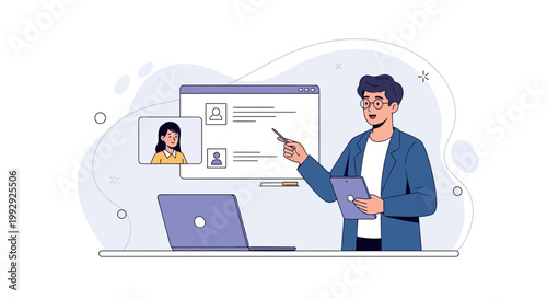 Online Meeting: Man Presenting to Woman via Video Conference on Laptop