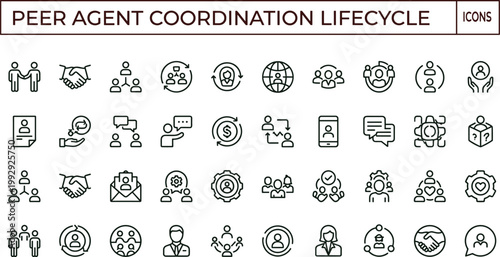 Peer agent coordination lifecycle outline icon set collaboration teamwork communication network management workflow interface vector collection toolkit