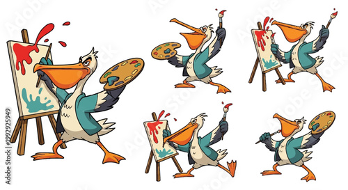 Cartoon pelican artist painting on canvas with easel isolated illustration