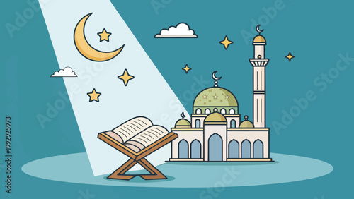 A serene illustration of a mosque under a starry night sky with a crescent moon shining down on an open book