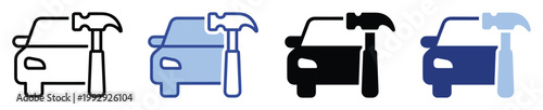 Car with hammer icon symbolizing vehicle repair and maintenance for modern automotive service graphic presentations