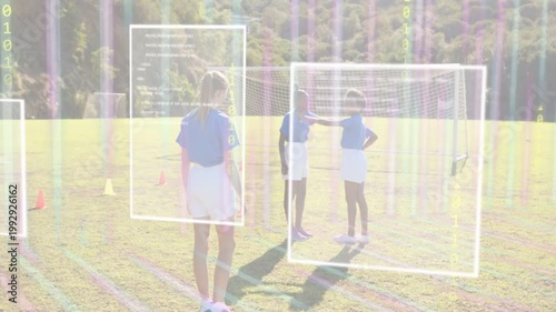 Three girls placing hand then starting passing drill during training, ball, UI overlays shifting
