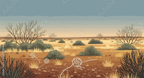 Vast Arid Desert Landscape Illustration with Dry Scrub and Sparse Bushes under a Twilight Sky