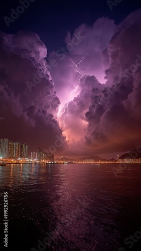 Lightning thunderstorm storm cloud night over city skyline harbor waterfront, lightning night sky, urban dramatic reflection water with thunderstorm