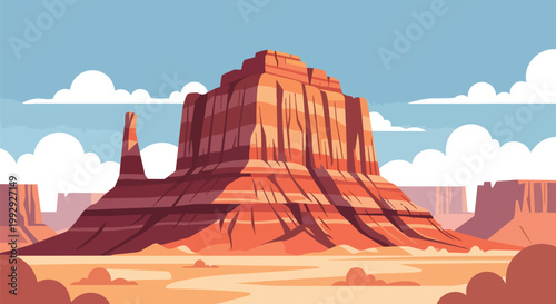 Stylized Flat Illustration of a Red Rock Butte Mesa in a Desert Landscape with Blue Sky and Clouds