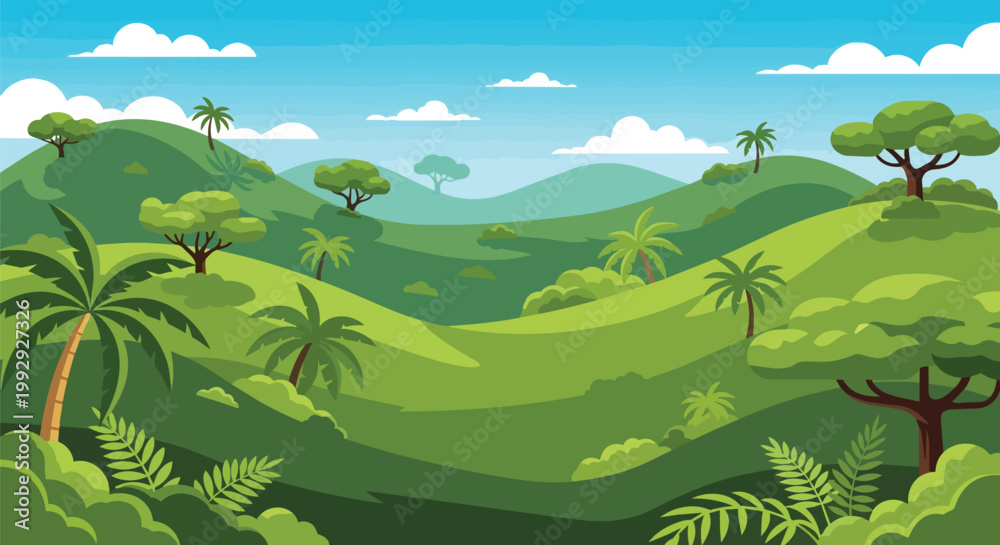 Fototapeta premium Tropical Jungle Landscape with Green Rolling Hills and Palm Trees Vector Illustration