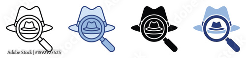 Symbolic fedora hat and magnifying glass icon for themes of investigation, discovery, and solving puzzles