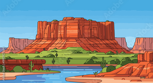 Scenic Desert Landscape Illustration Featuring Red Rock Mesas, a Winding River, Saguaro Cacti, and Blue Sky