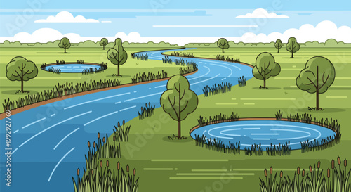 Peaceful Nature Landscape Vector Illustration Featuring a Winding River Small Ponds Green Fields and Trees under a Blue Sky