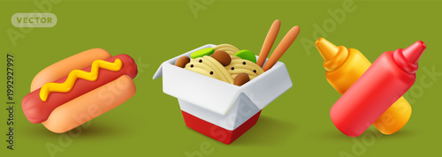 3d fast food set with hot dog, asian noodles wok box with chopsticks and sauce bottles. Vector takeaway food icons with mustard and ketchup for delivery and street restaurant menu