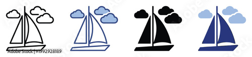 Sailboat and cloud vector icons for marine travel, ocean adventure, and weather applications