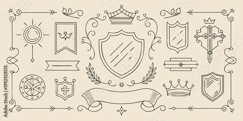 Medieval heraldic line art collection of shields and crowns, vector