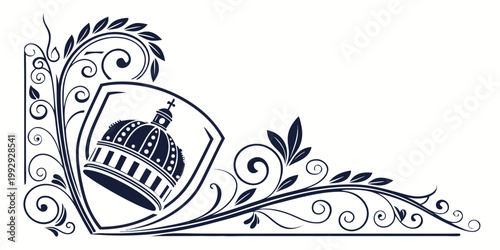 Decorative heraldic shield with crown and floral filigree, vector