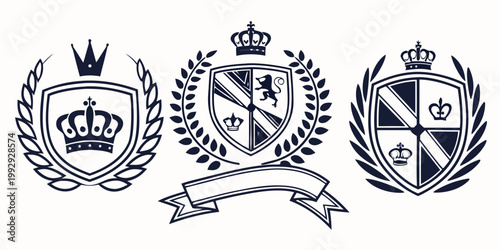 Heraldic crest shields with laurel wreaths and crowns, vector