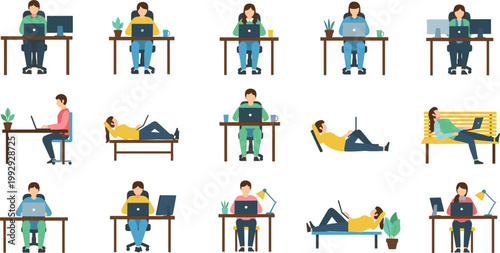Flat vector set of people working and relaxing with laptops at desks and couches, modern lifestyle scenes, remote work, productivity and leisure activities