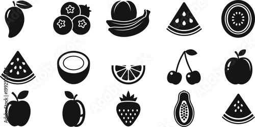Fruit icons vector set, black silhouette collection of tropical and fresh fruits including mango banana watermelon coconut cherry and apple isolated on white